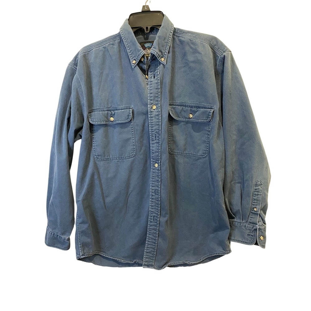 Vintage Pure Stuff Mens Blue Denim Workwear Button Up Shirt Size M‎